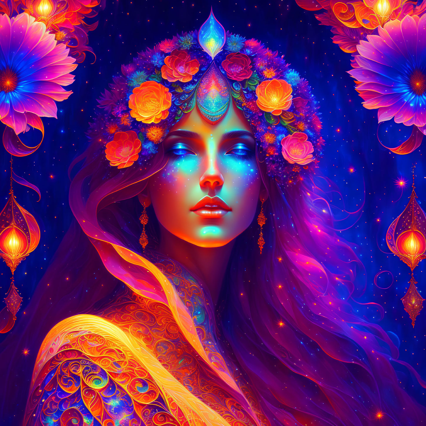 Colorful mystical woman with glowing flowers and jewels on cosmic blue background