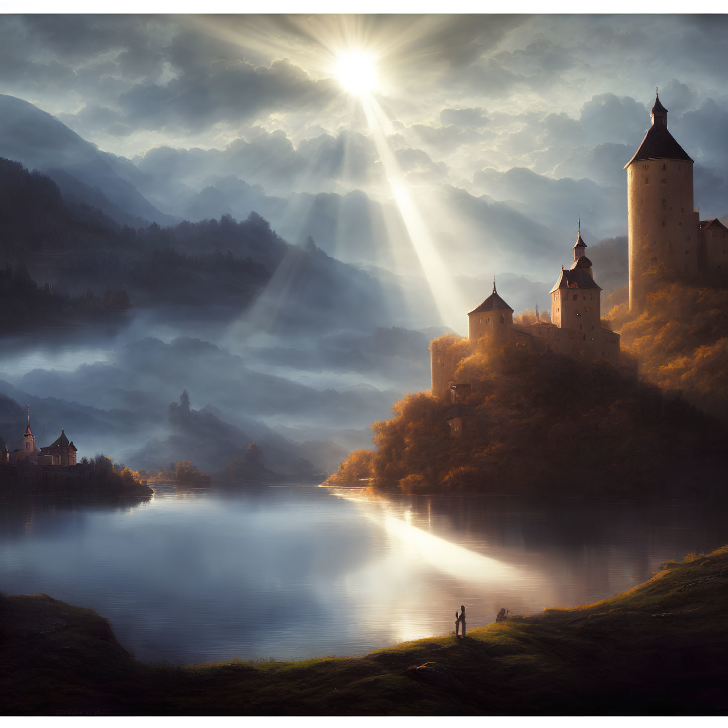 Castle by River: Sun Rays, Figures, Scenic View