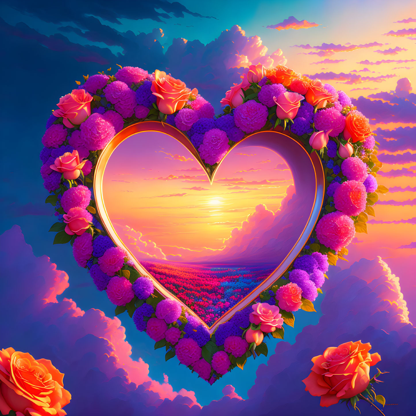 Heart-shaped frame with colorful flowers, serene sunset, clouds, and calm sea captured in a romantic scene