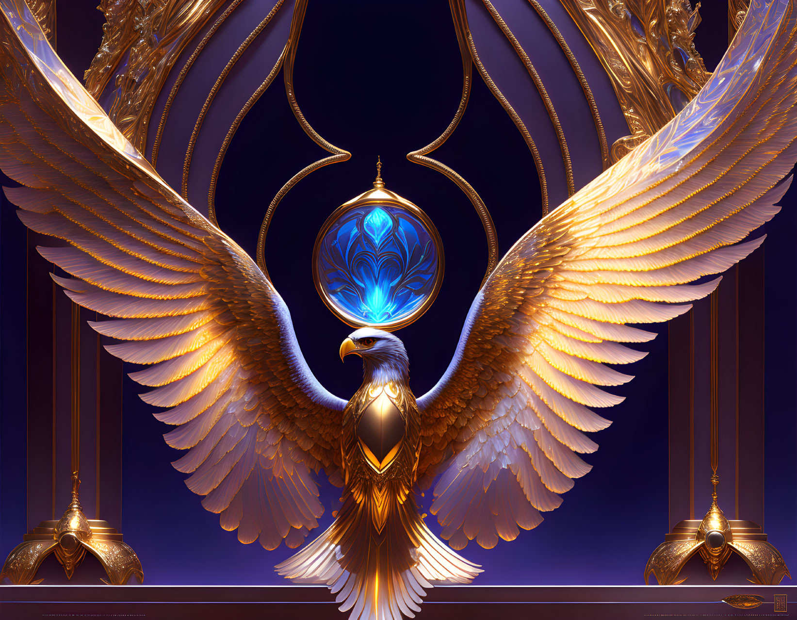 Majestic golden eagle with outstretched wings and blue orb on purple backdrop