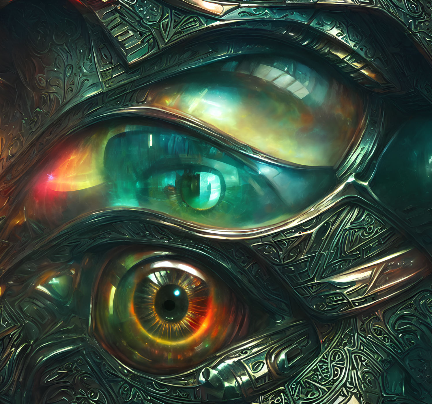 Detailed colorful digital art of mechanical eye design with reflected light