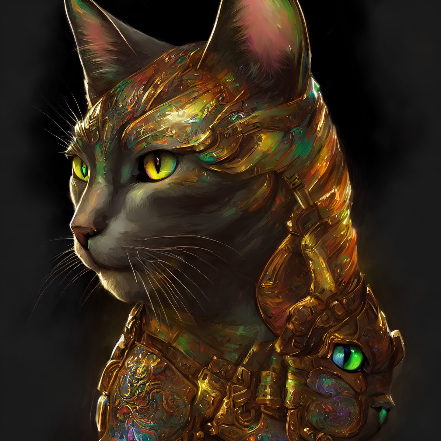 Golden-armored cat with piercing yellow eyes in intricate design.