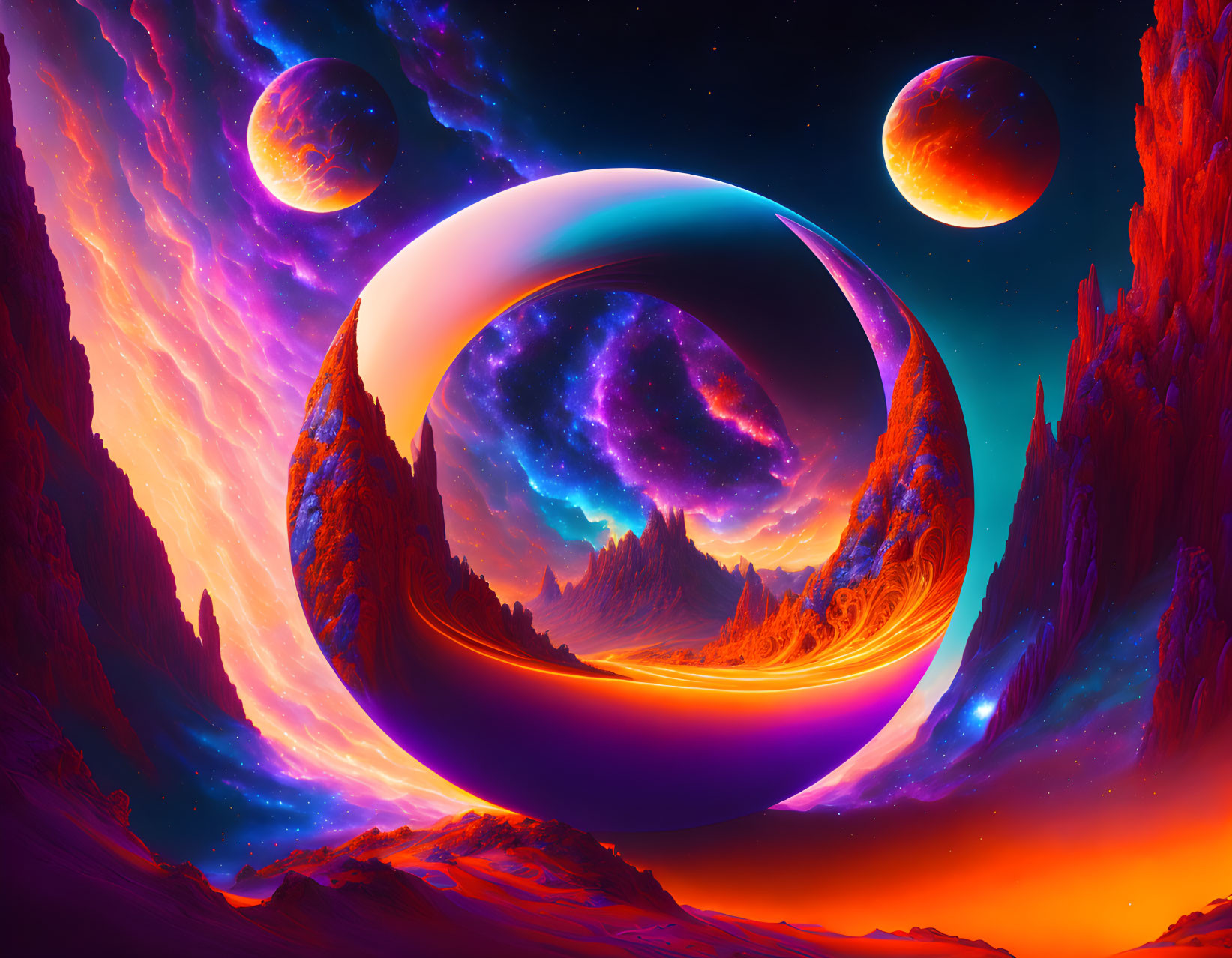 Colorful Cosmic Landscape with Nebulae, Planets, and Alien Mountains