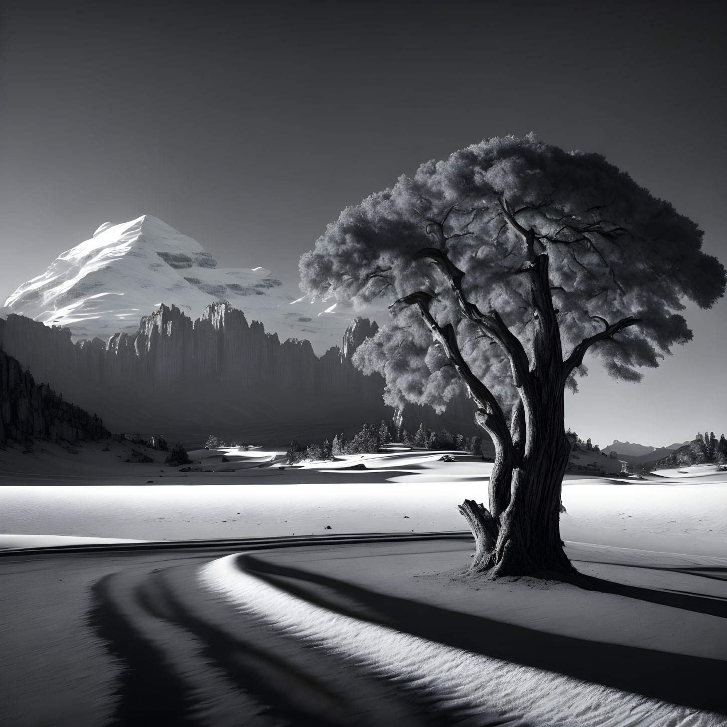 Solitary tree in snowy landscape with mountain and clear sky