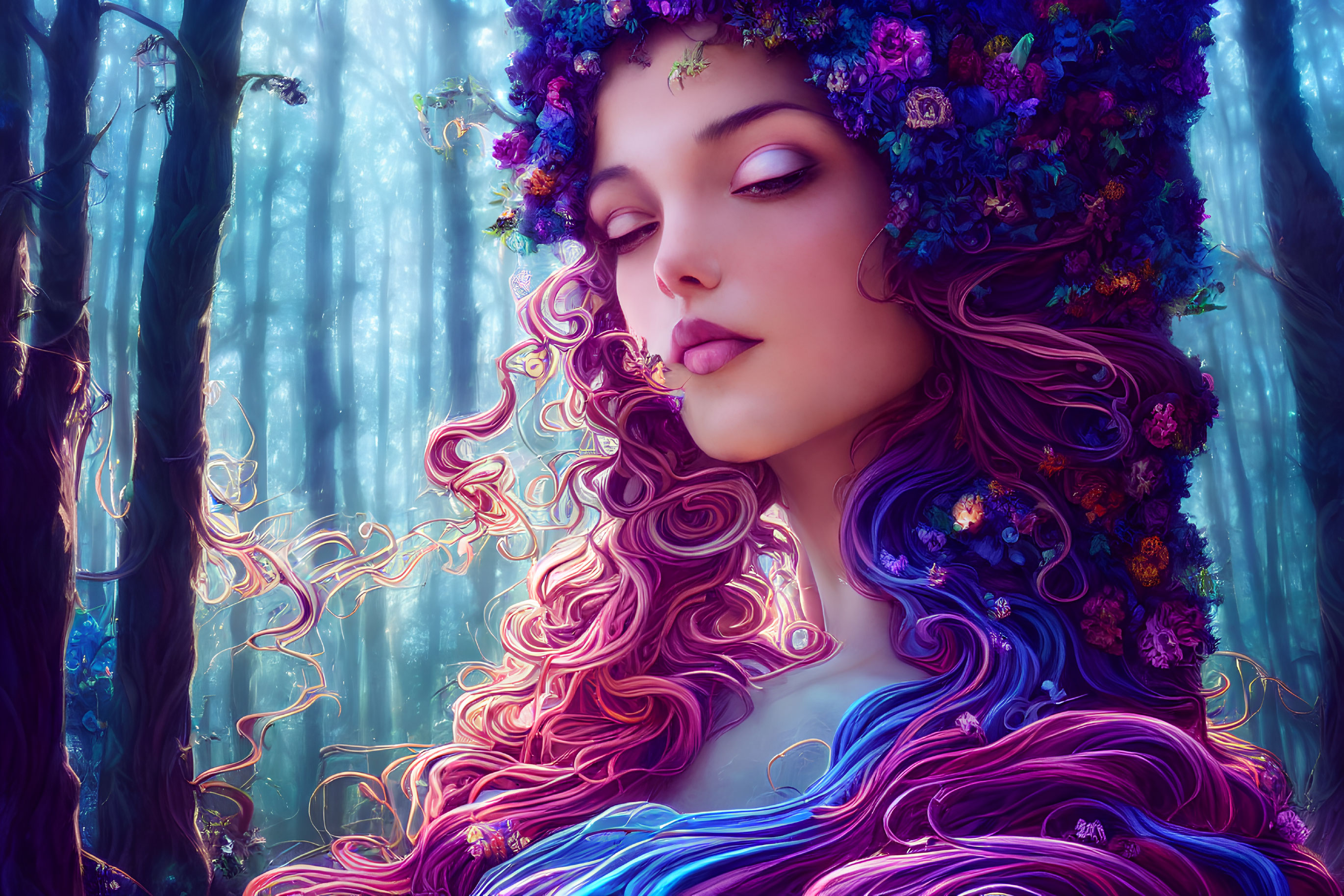 Fantasy illustration of woman with purple hair in forest scene