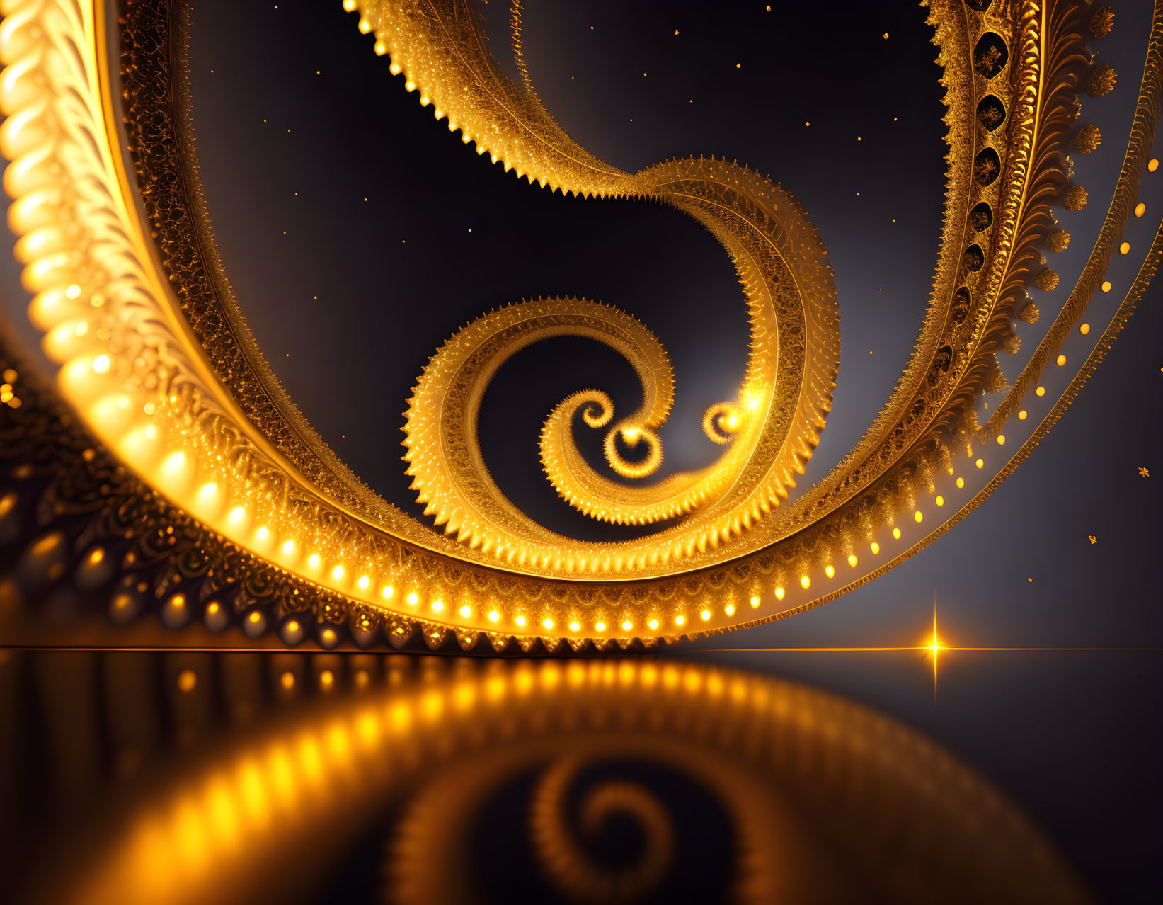 Golden fractal image with intricate spirals and glowing edges on reflective floor