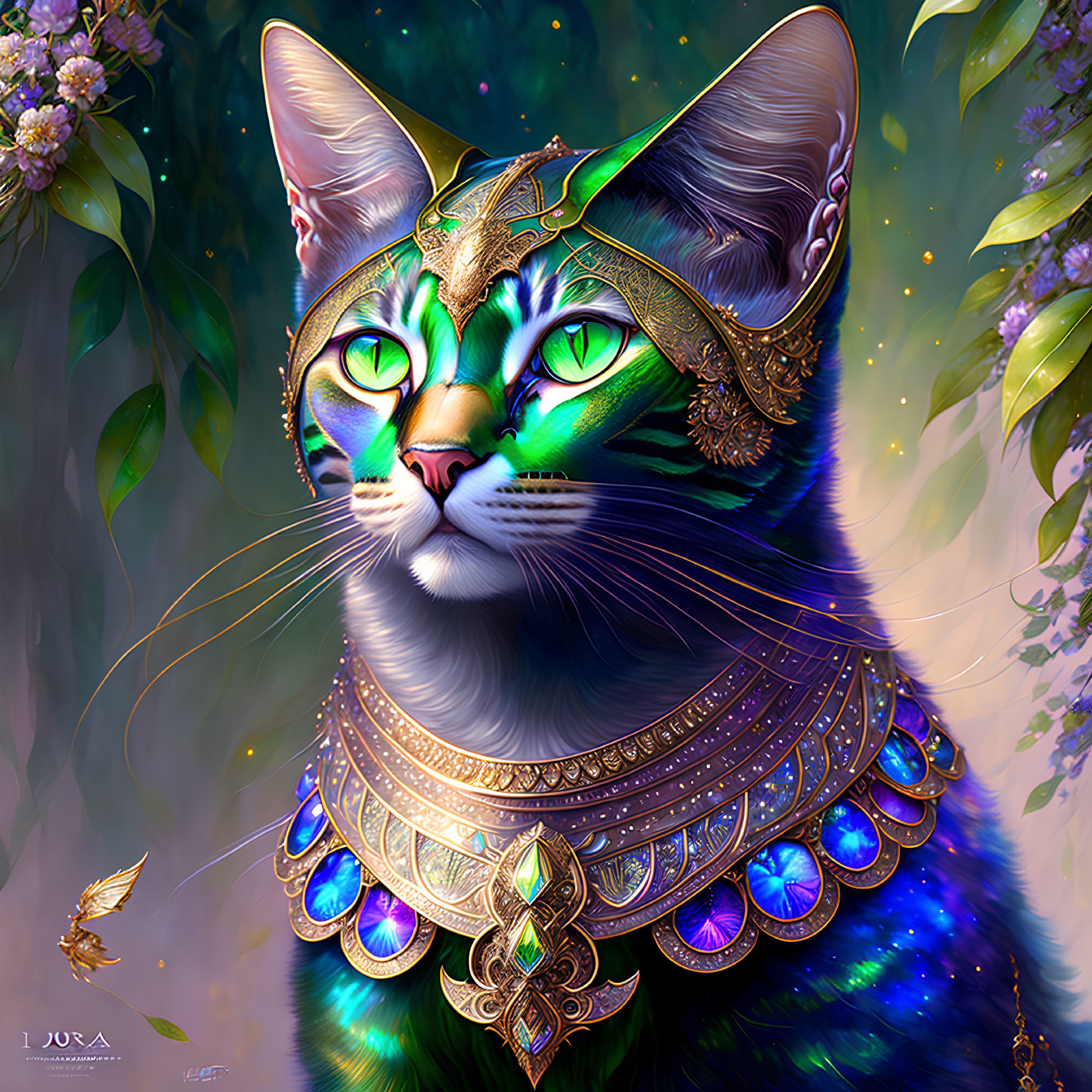 Majestic cat in golden jewelry and regal armor in mystical forest