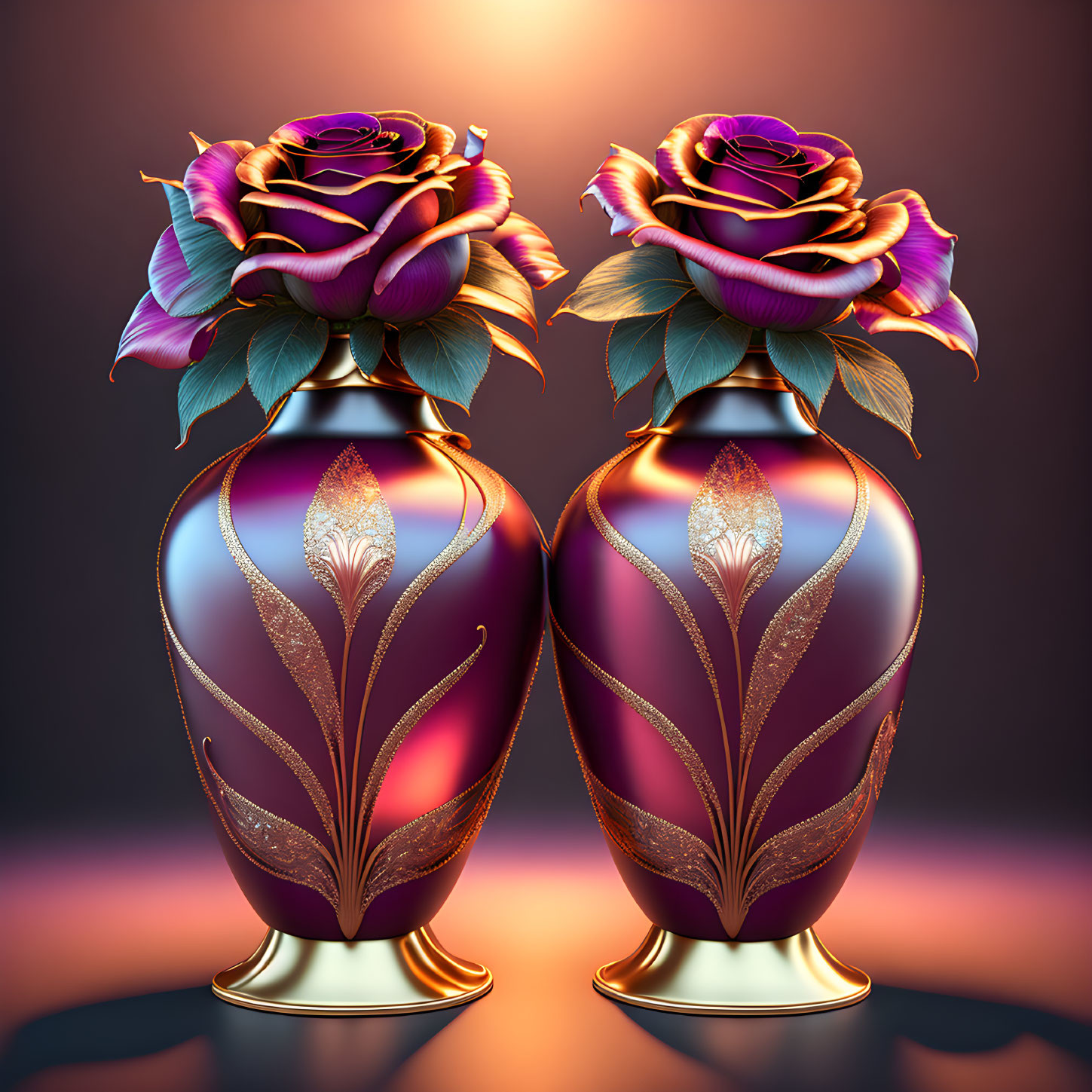 Ornate purple and gold vases with blooming roses on warm background