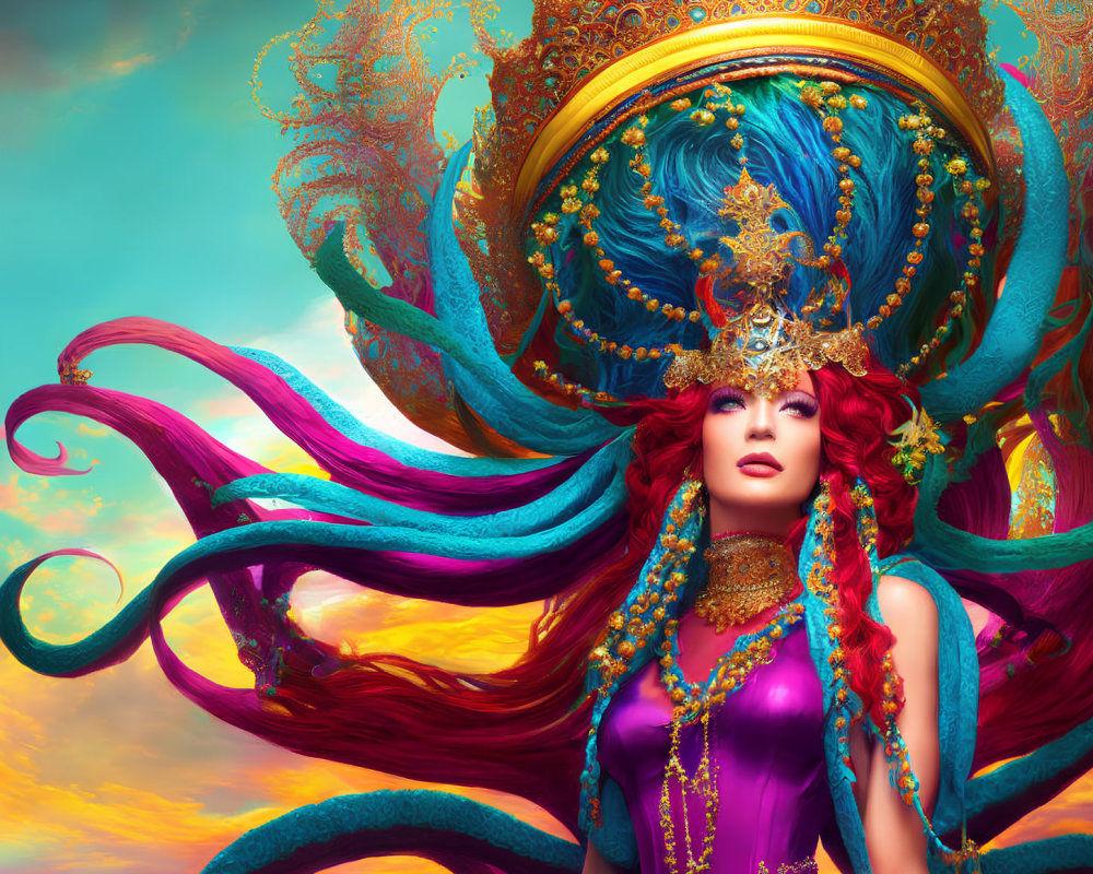 Multicolored hair woman with golden headdress in fantasy art