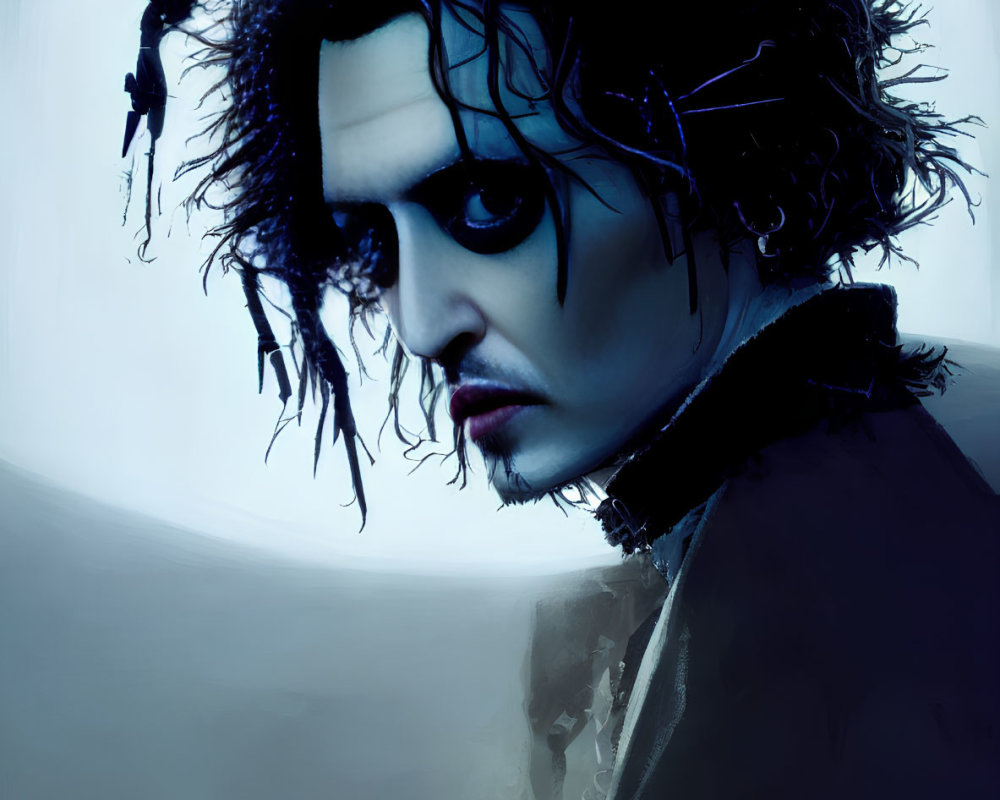 Stylized portrait of a pale man in gothic attire against foggy blue background