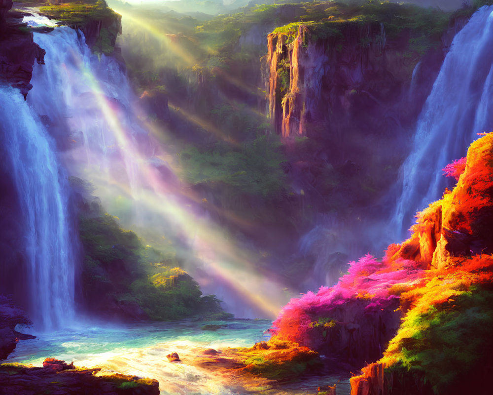 Majestic waterfalls, rainbow light beams in vibrant fantasy landscape