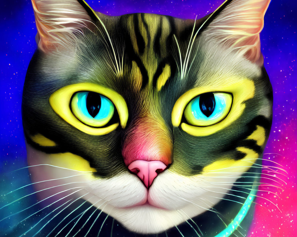 Detailed cat illustration with yellow eyes on cosmic backdrop