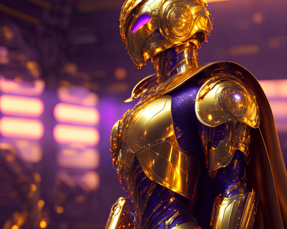 Golden futuristic robot in purple and orange lit room