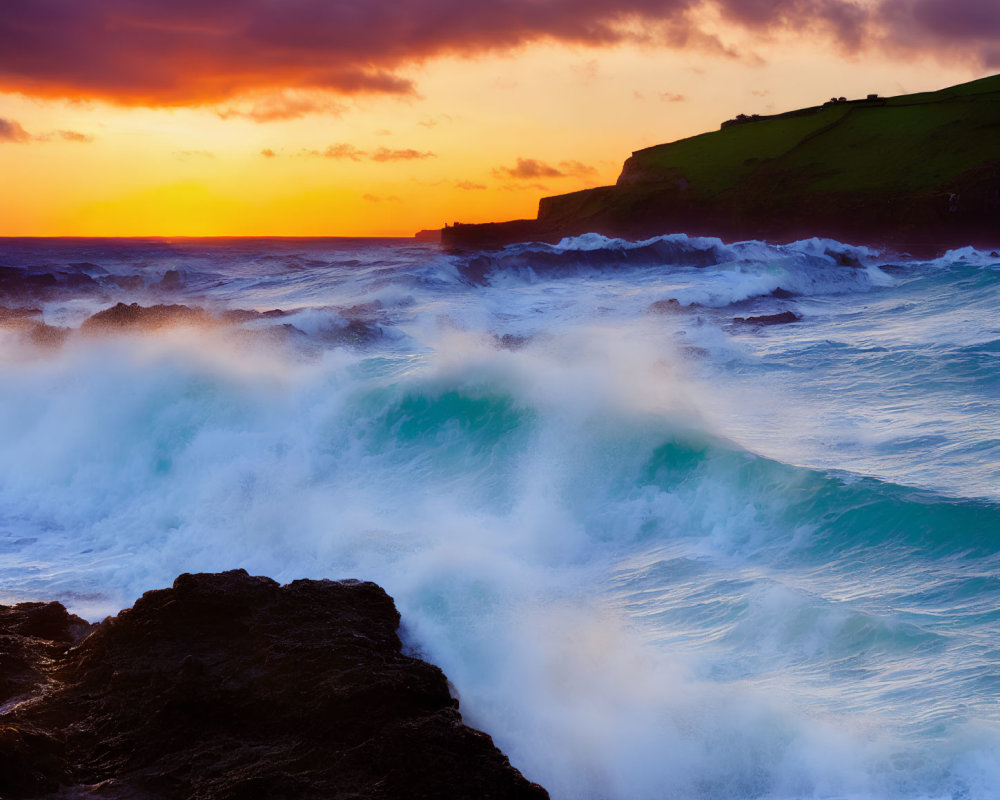 Fiery Sunset Over Rough Sea and Serene Headland