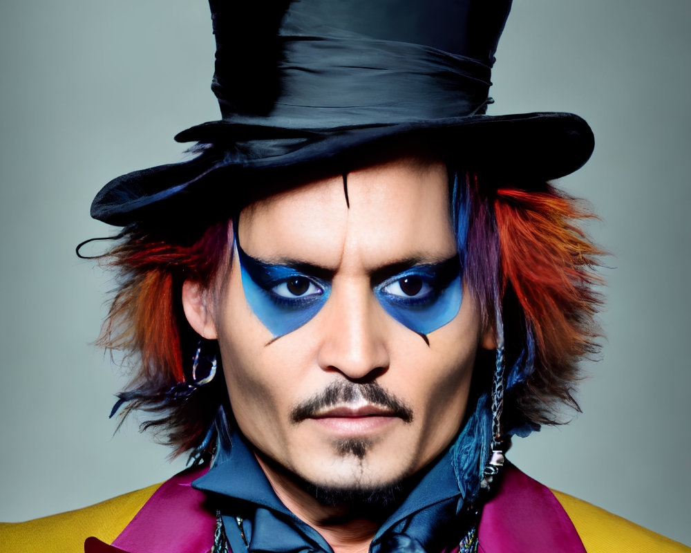 Person with Blue Eyeshadow in Colorful Attire and Top Hat