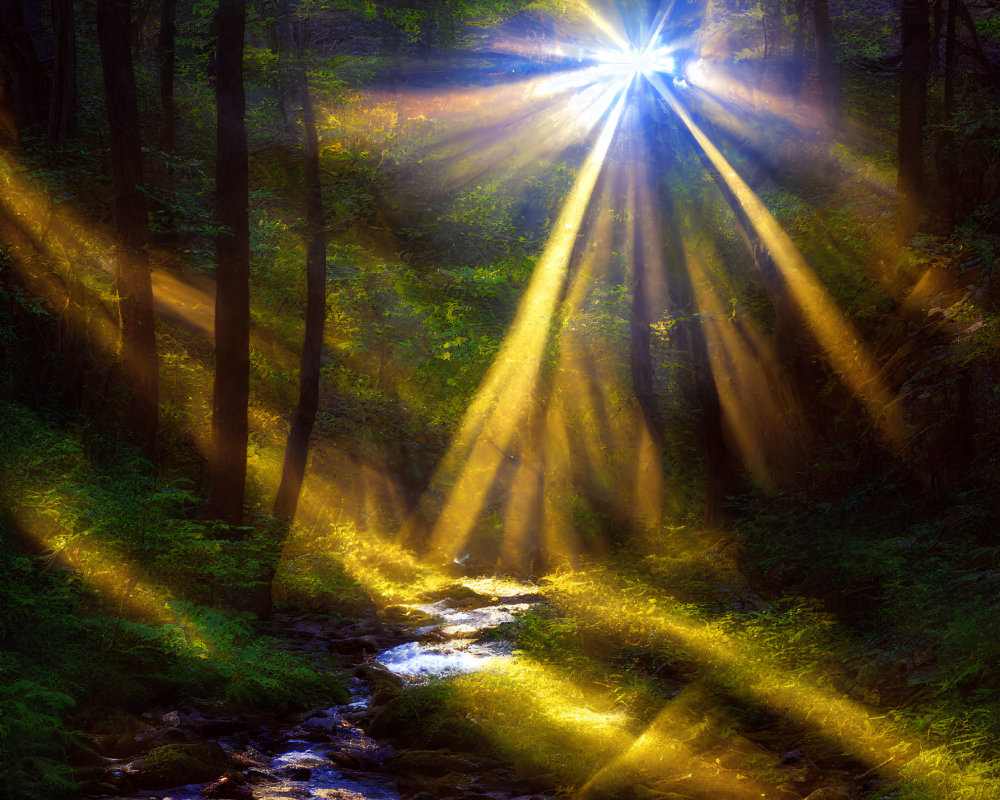 Forest stream illuminated by sunlight beams and mist with starburst effect