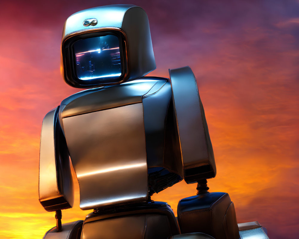 Futuristic robot with metallic body against dramatic sunset sky