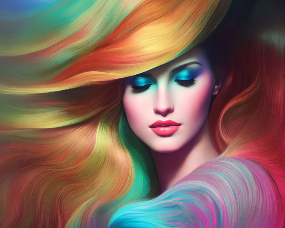 Colorful digital artwork of a woman with multicolored hair and a large hat, showcasing surreal blend