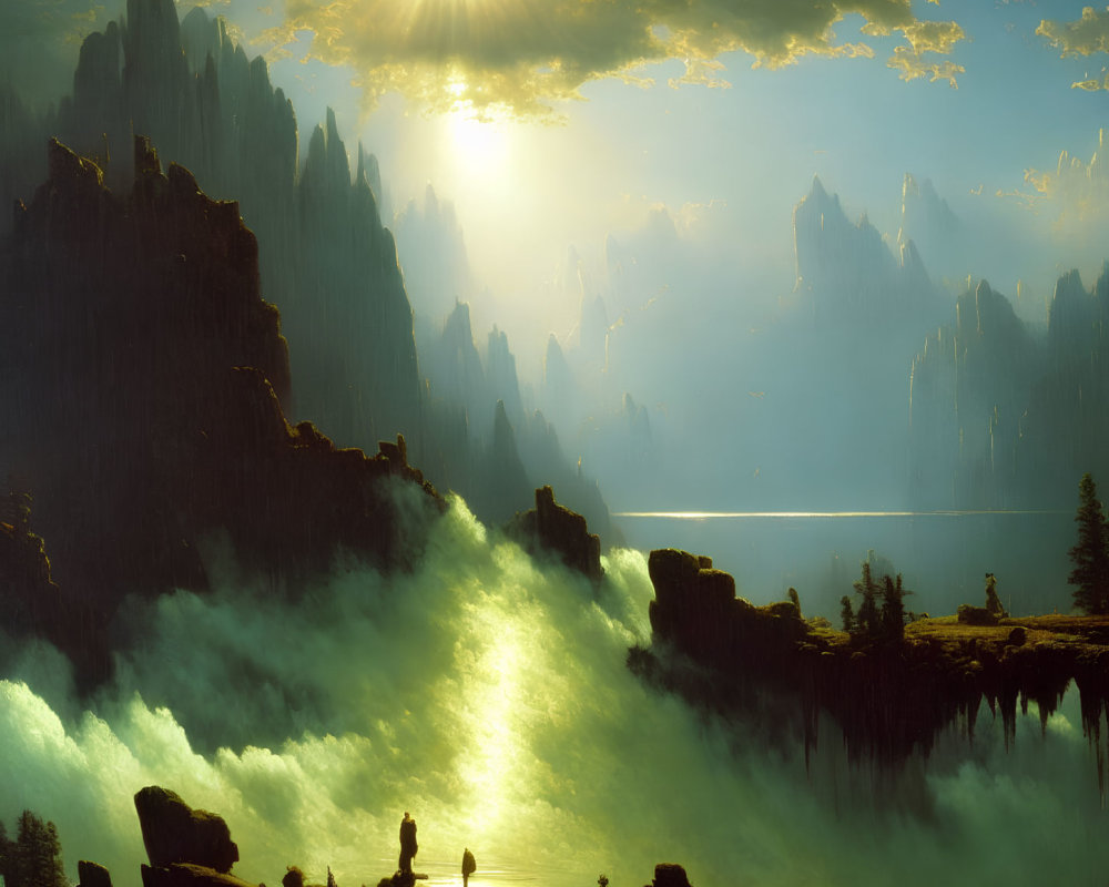 Mystical landscape with rugged peaks and silhouetted figures