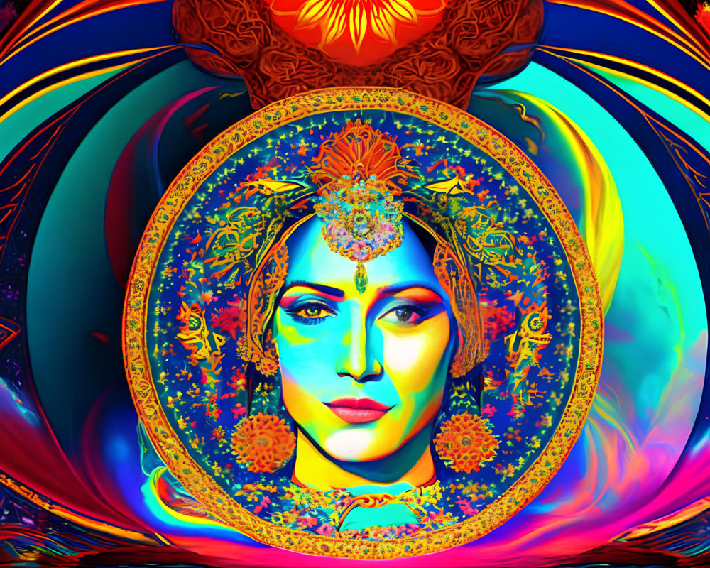 Colorful Psychedelic Portrait of Woman with Traditional Head Jewelry