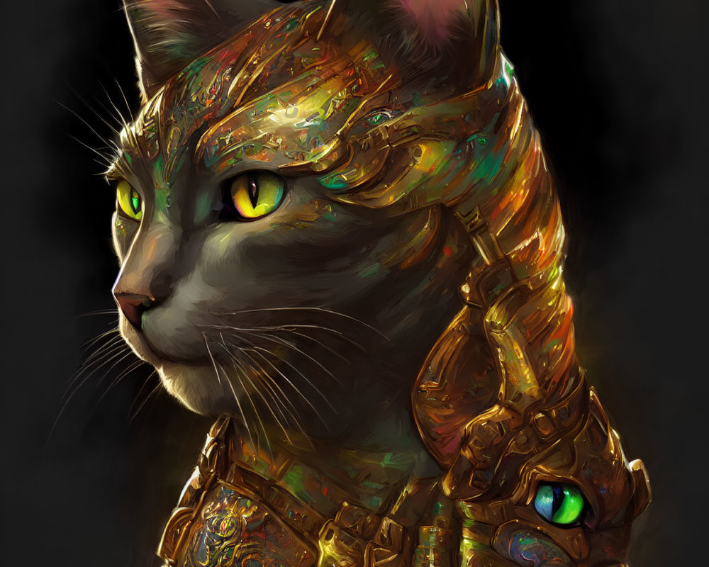 Golden-armored cat with piercing yellow eyes in intricate design.