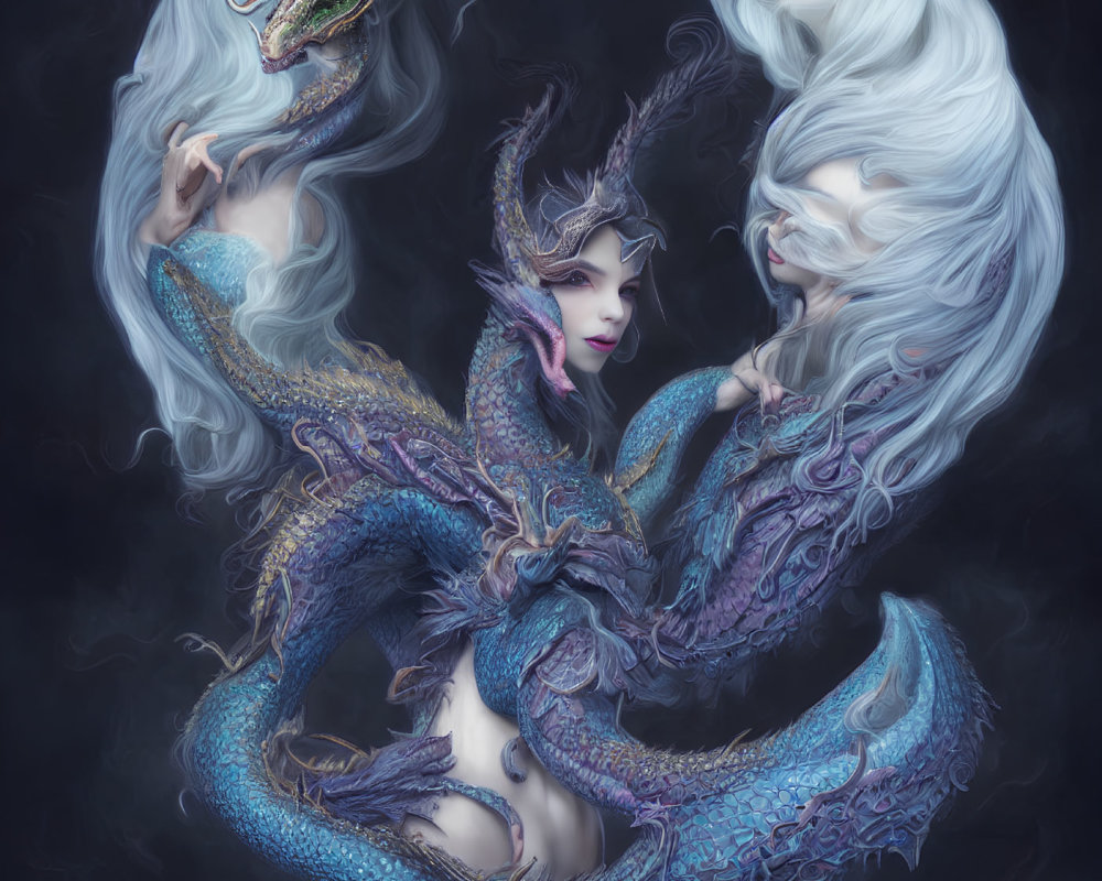 Fantasy mermaids with intricate design and dragon-like scales.