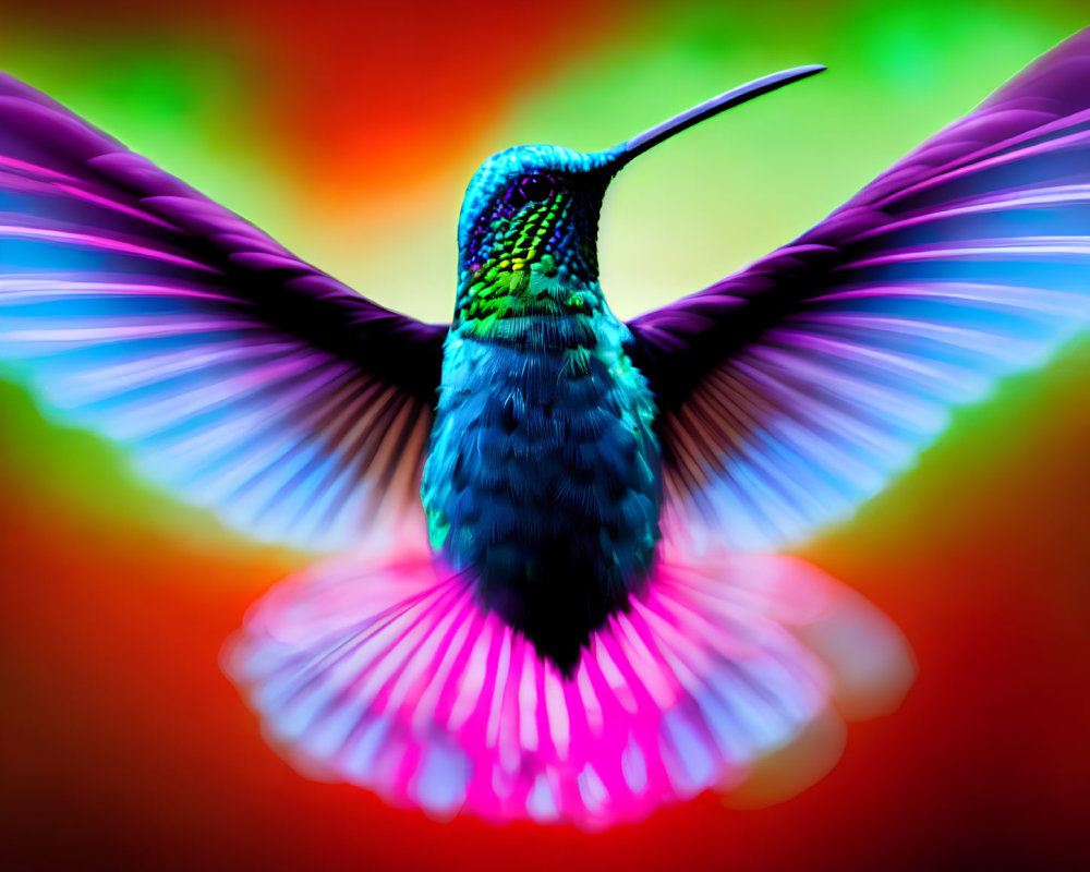 Colorful hummingbird in mid-flight against rainbow background