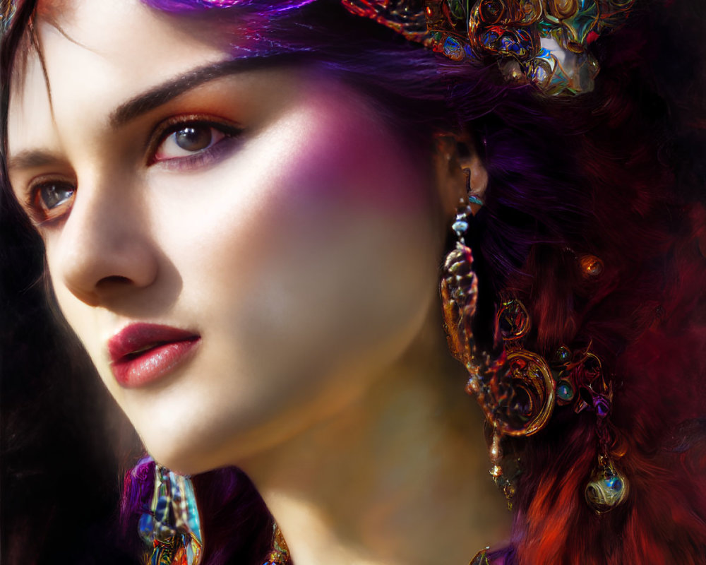 Colorful woman portrait with ornate headdress on dark background