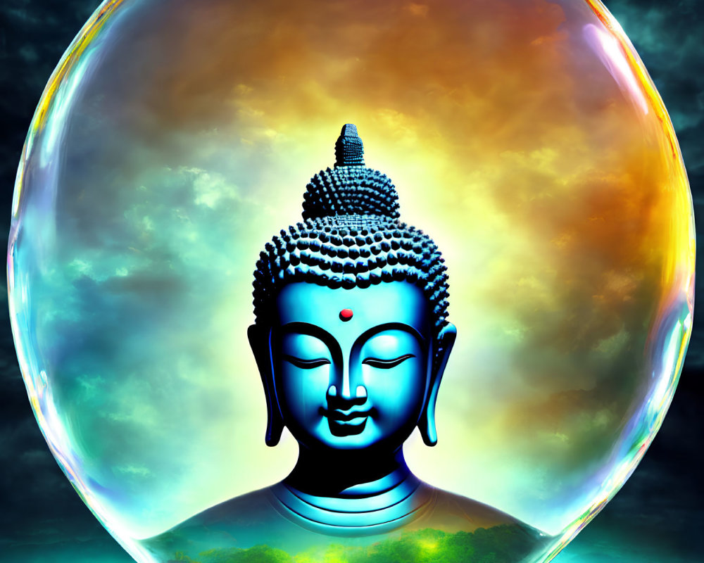 Colorful Bubble Surrounding Buddhist Statue Head on Blue Background with Floating Rocks