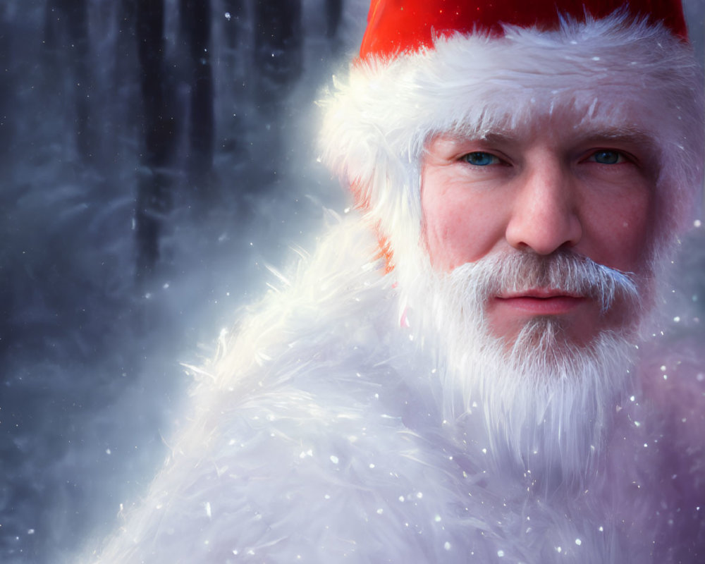 Person with White Beard in Santa Hat Against Snowy Forest Background