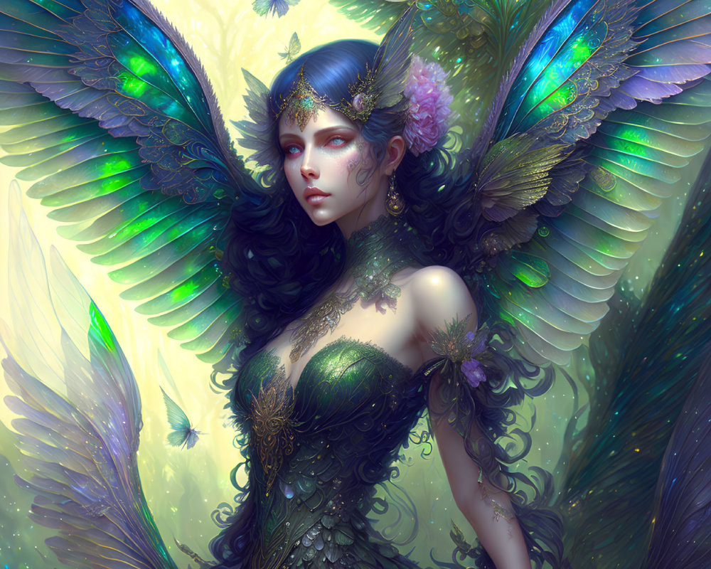 Ethereal woman with iridescent wings in mystical green attire