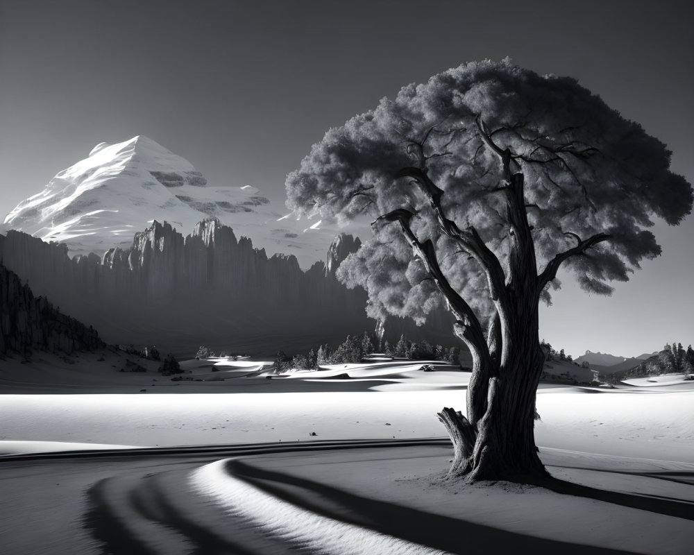 Solitary tree in snowy landscape with mountain and clear sky