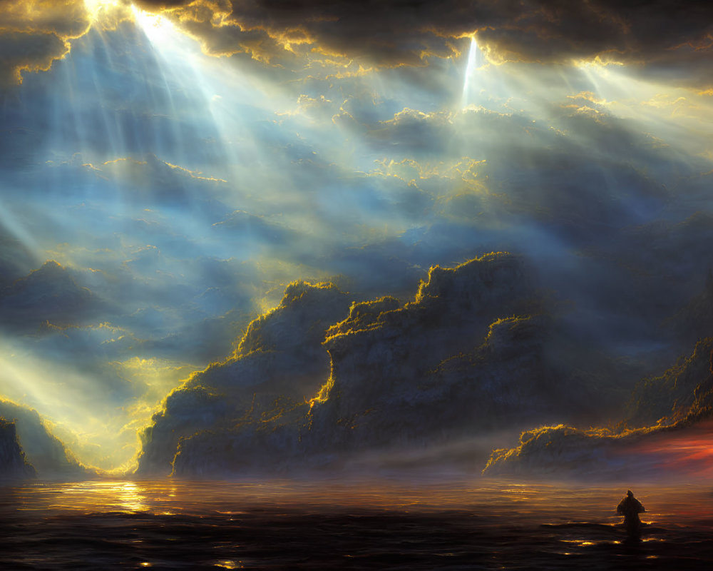 Figure in boat on dark sea under dramatic sky with sunlight rays and towering cliffs.