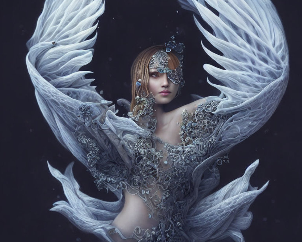 Fantasy image: Woman with ornate wings and silver filigree attire on dark backdrop