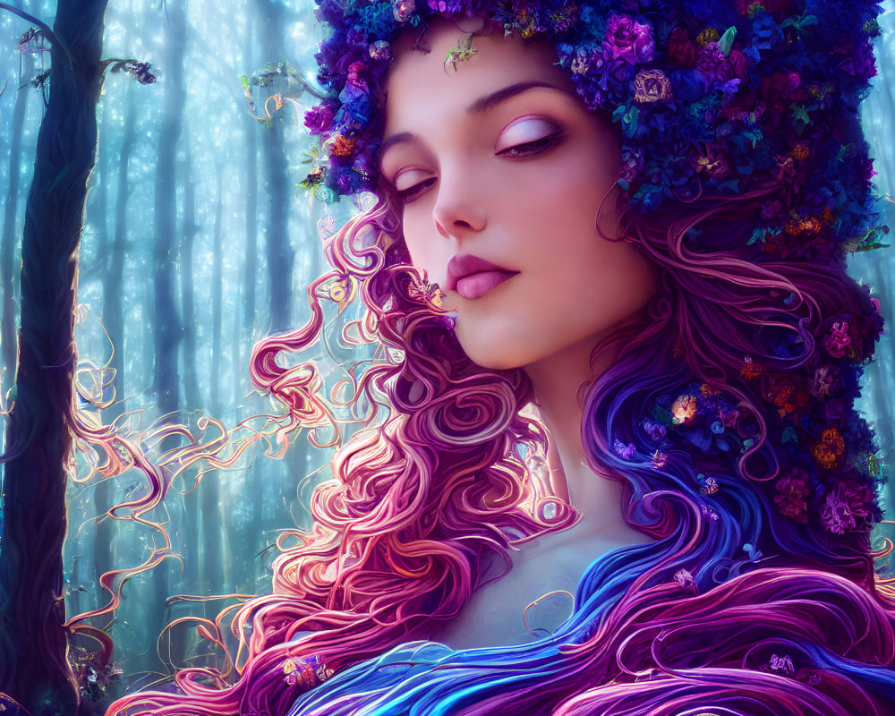 Fantasy illustration of woman with purple hair in forest scene