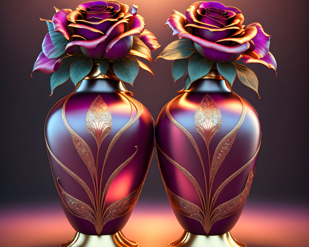 Ornate purple and gold vases with blooming roses on warm background