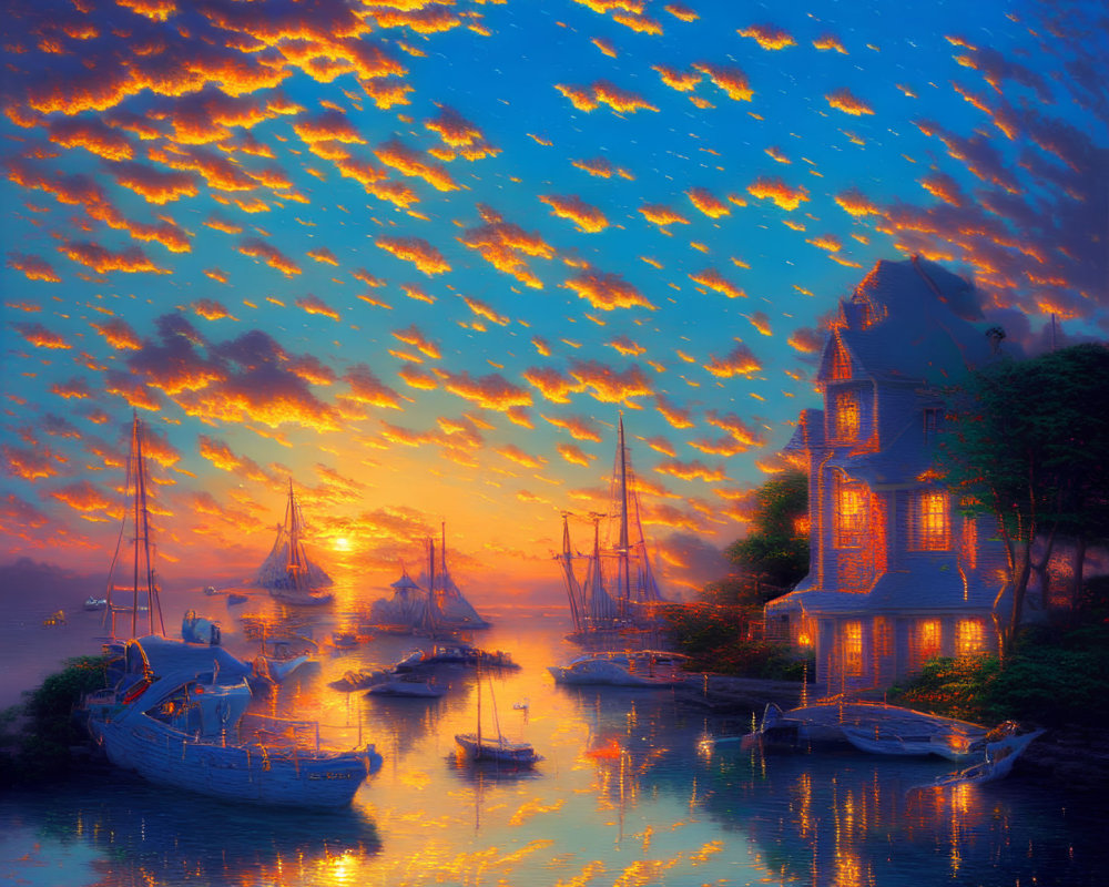 Tranquil harbor scene at sunset with moored boats and grand house against vibrant sky.