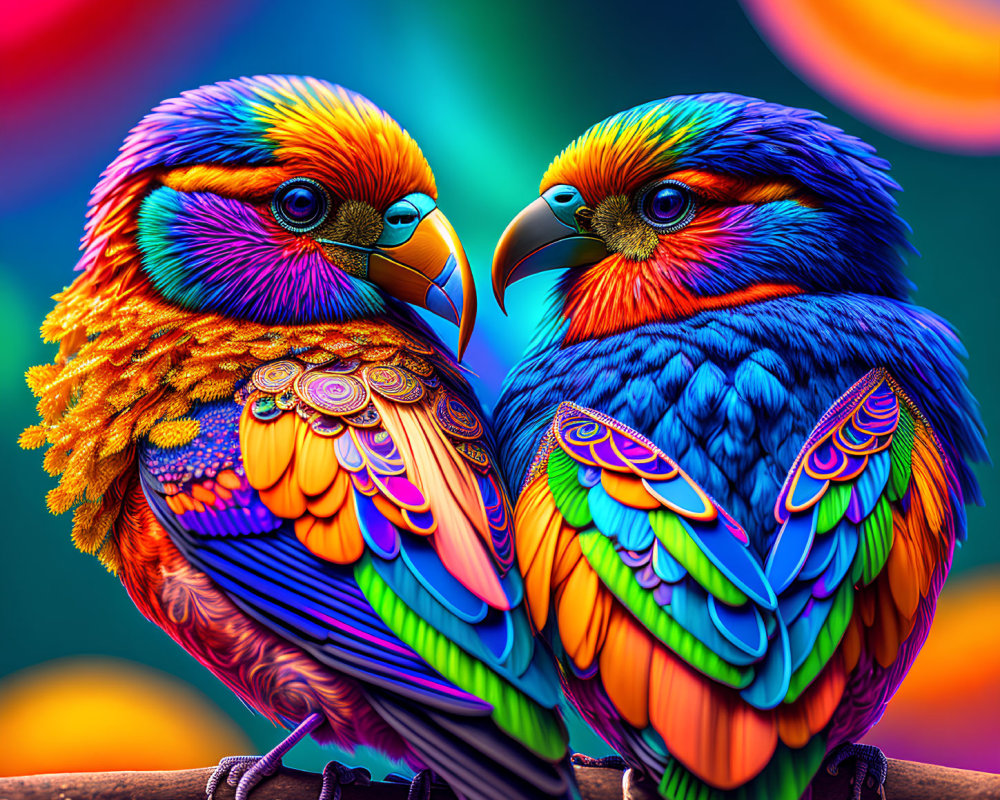 Colorful Stylized Parrots Perched on Branch with Bokeh Background