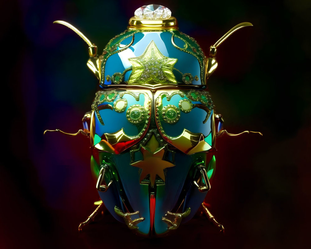 Colorful Beetle Sculpture with Golden Accents and Star Motifs