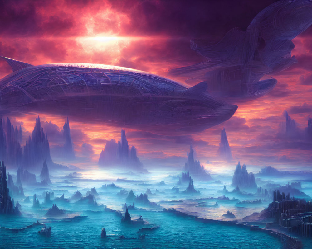 Futuristic alien landscape with towering spires and floating structures