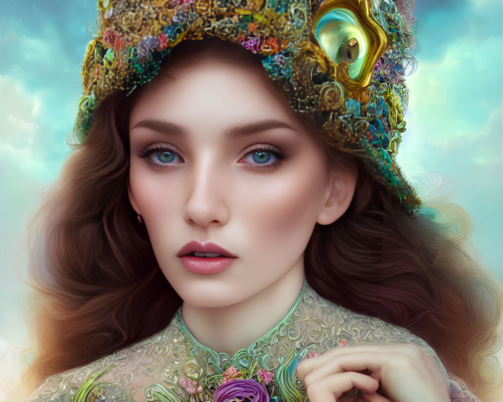 Colorful digital portrait of a woman in intricate attire blending realism and fantasy.