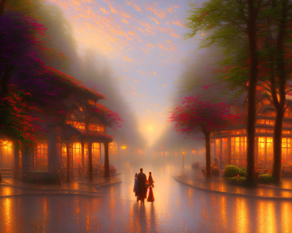 Couple walking on misty, lamp-lit street under colorful sky