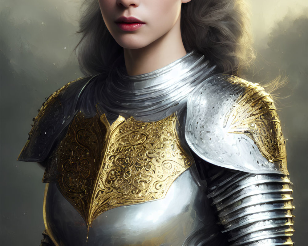 Female warrior in silver and gold ornate armor with flowing hair on golden backdrop