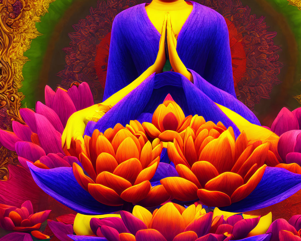 Colorful Meditating Buddha Illustration on Lotus Flowers and Ornate Background