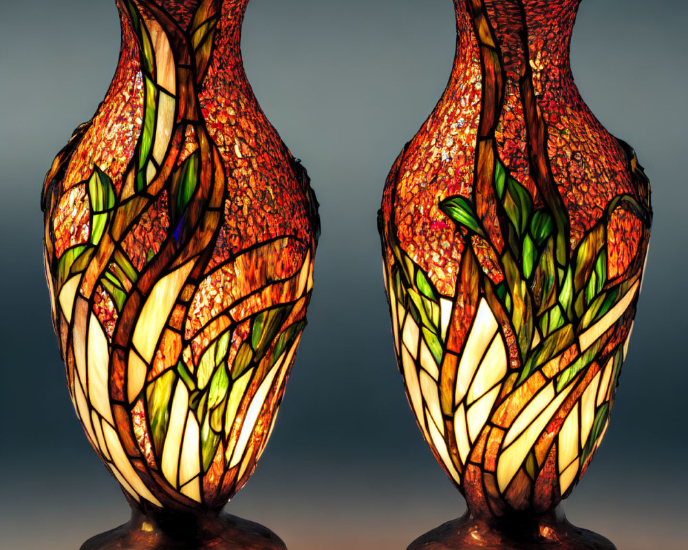 Symmetrical Tiffany-Style Stained Glass Vases with Leaf Designs