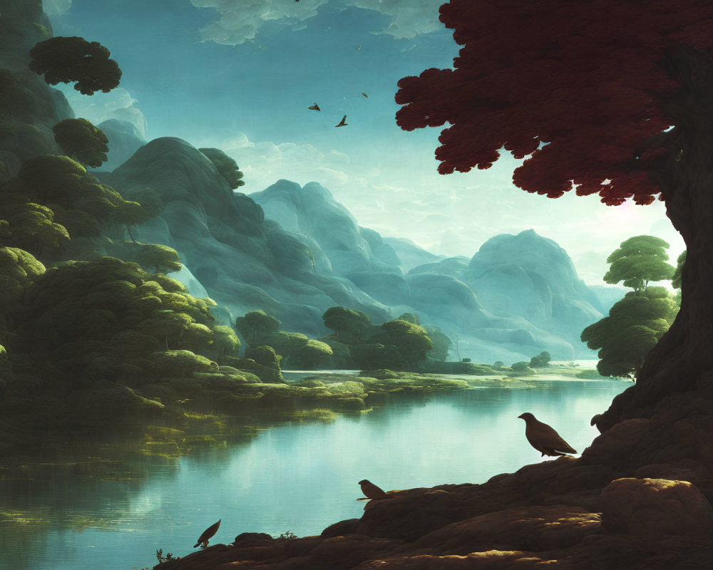 Tranquil landscape with red-leafed tree, reflective river, misty mountains, and birds