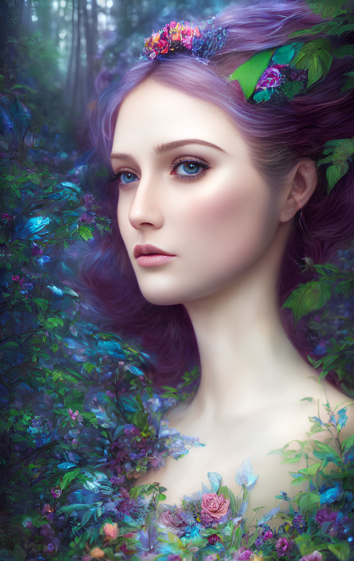 Surreal portrait: Woman with purple hair and flowers in vibrant floral background