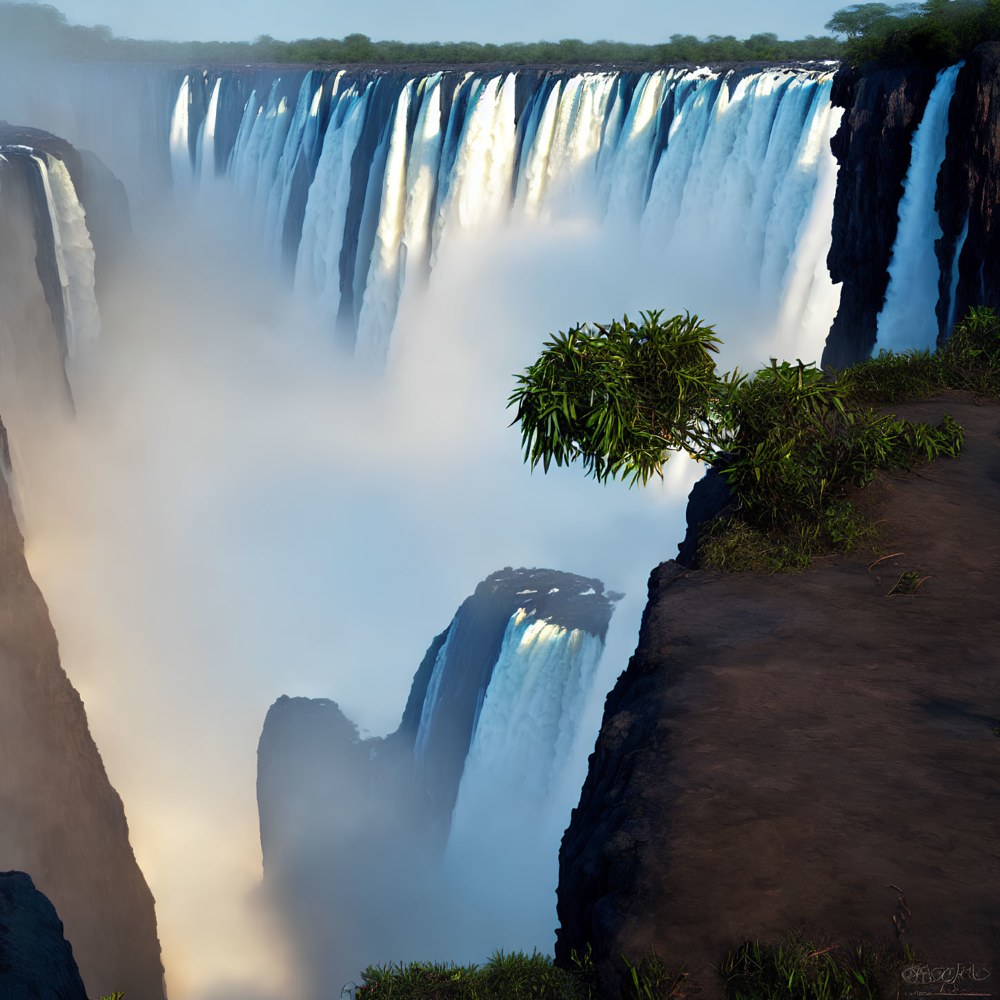 Majestic waterfall surrounded by misty atmosphere and lush green foliage