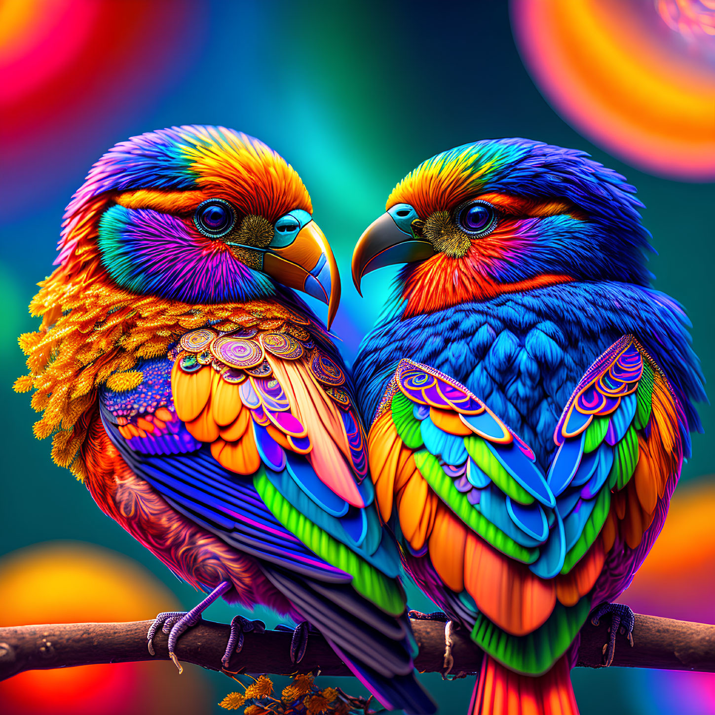 Colorful Stylized Parrots Perched on Branch with Bokeh Background