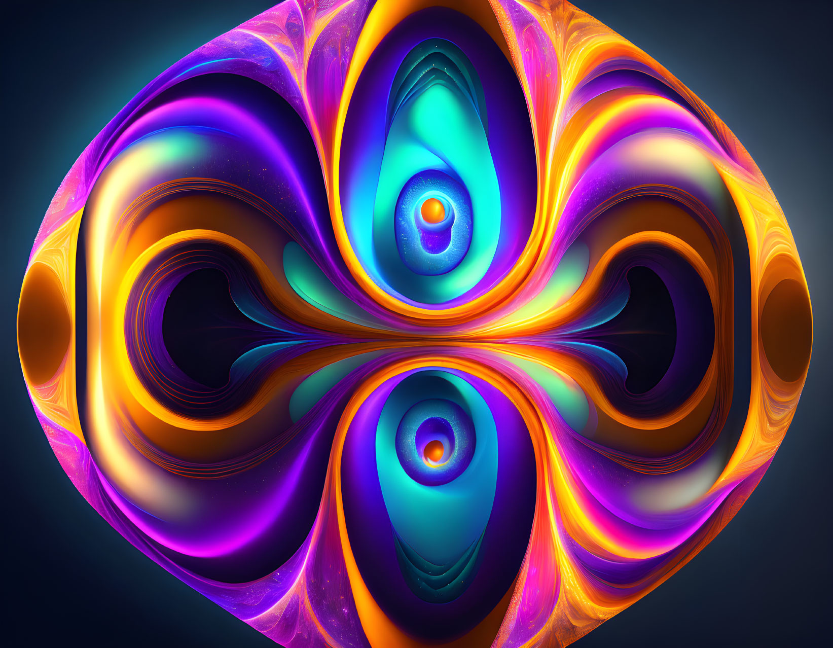 Symmetrical neon fractal design in blue, orange, and purple